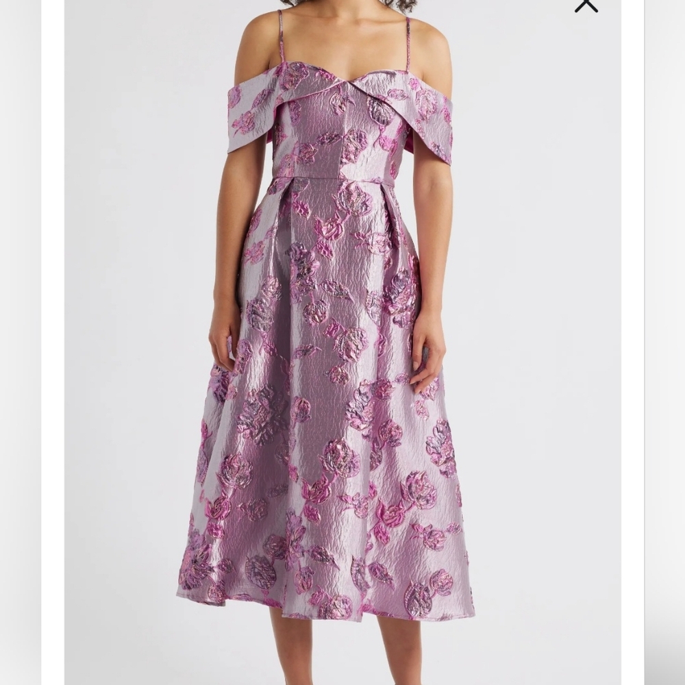 Beaded Floral Jacquard Cold Shoulder Cocktail Dress